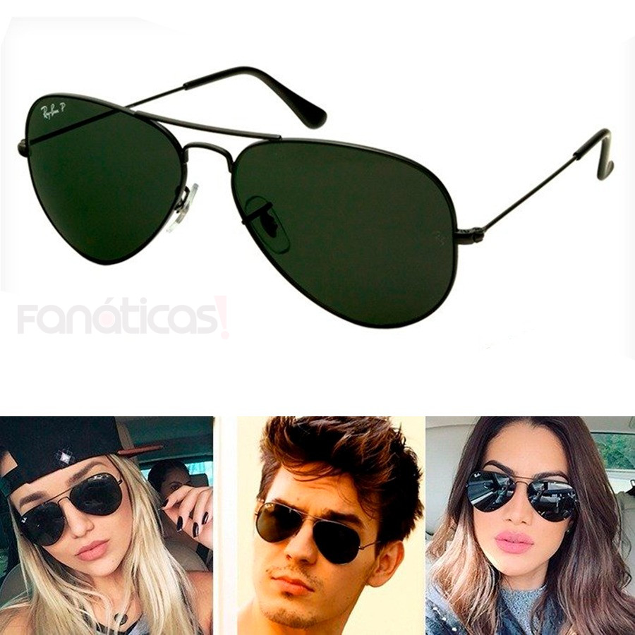 culos de Sol Ray Ban Aviador Preto com Lente Verde Escura G15