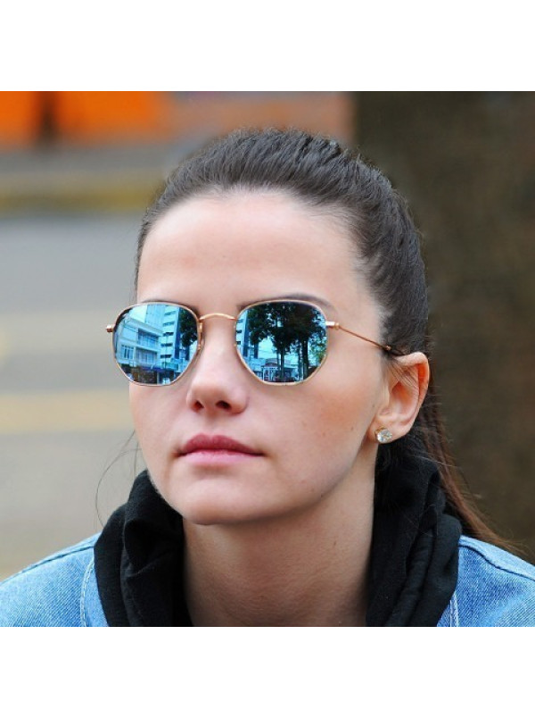 Hexagonal Armação Dourada e Lente Azul Espelhada RB 3548