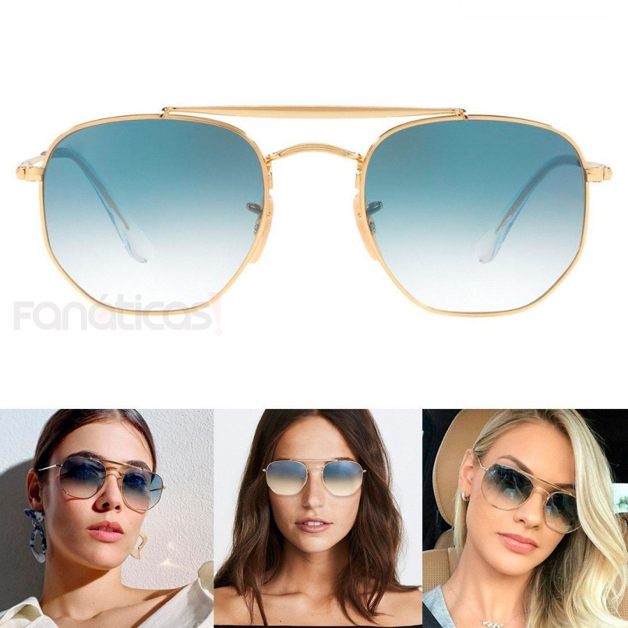 Óculos de Sol Hexagonal Marshal Dourado e Lente Azul Degrade RB3648