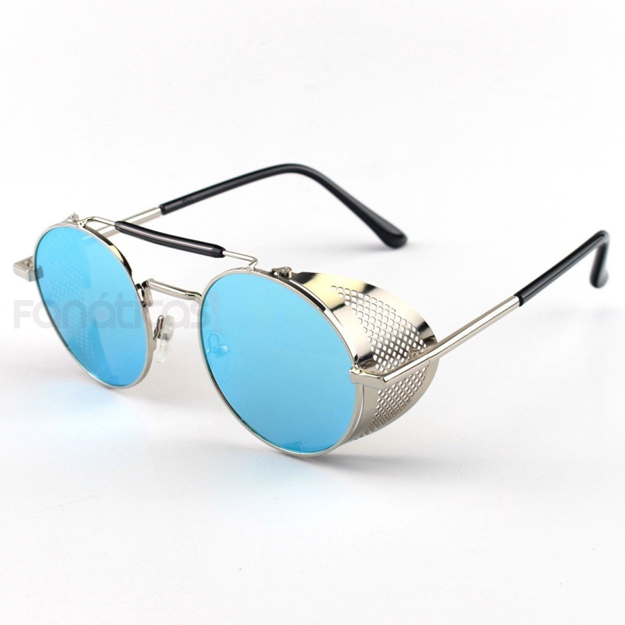 Óculos de Sol Redondo Retrô Vintage 66247 Steampunk Prata e Azul