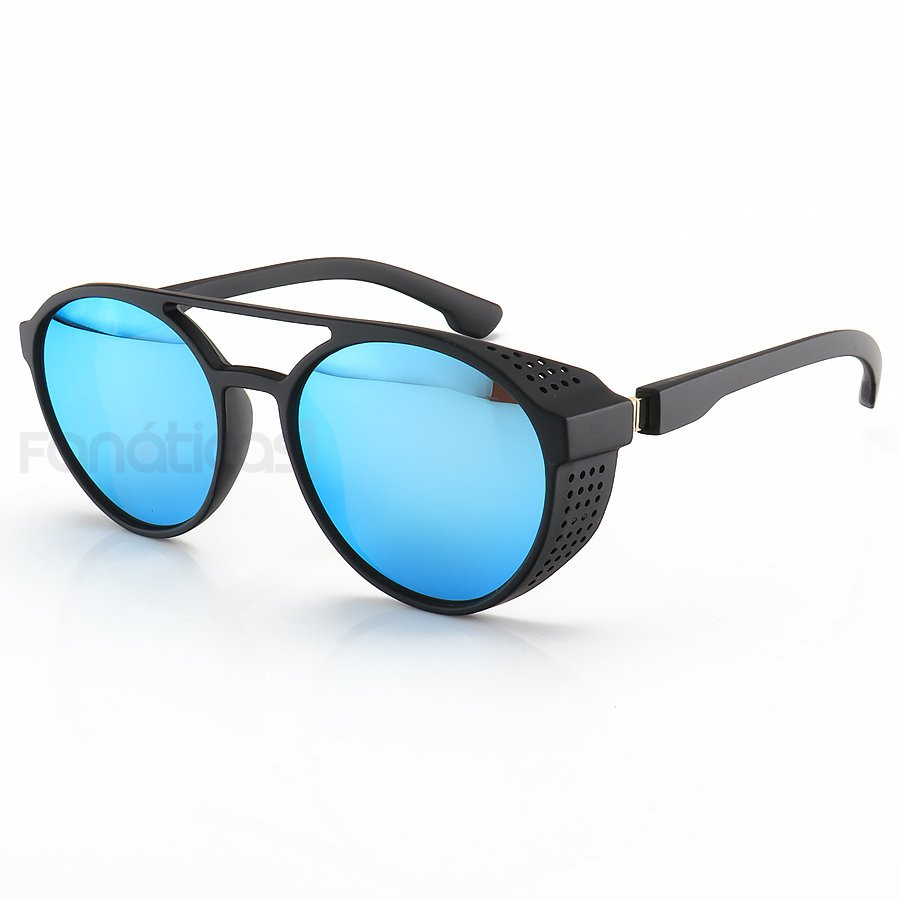 Óculos de Sol Redondo Retrô LQ97373 Steampunk Shields Preto e Azul