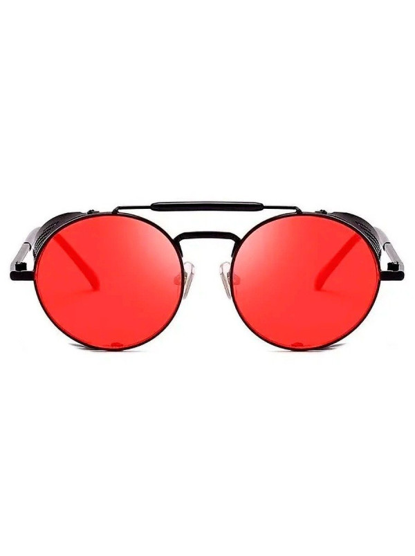 Óculos de Sol Redondo Retrô Vintage 66247 Steampunk Preto e Vermelho