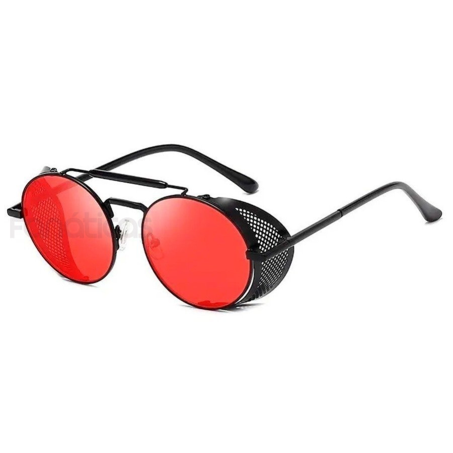 Óculos de Sol Redondo Retrô Vintage 66247 Steampunk Preto e Vermelho