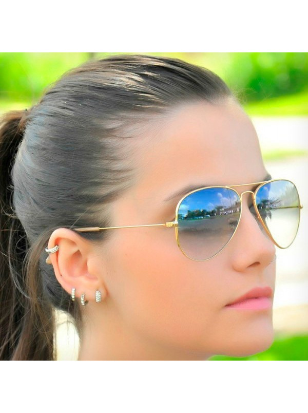 Óculos de Sol Aviador Dourado e Lente Azul Degrade