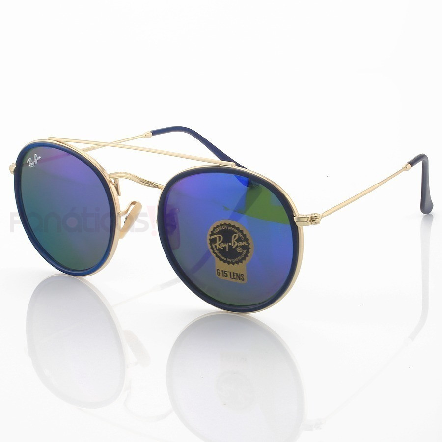 Óculos de Sol Ray-Ban RB3647 Redondo Dourado e Lente Azul Escuro