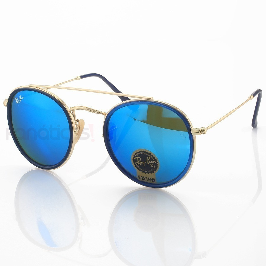Óculos de Sol Ray-Ban RB3647 Redondo Dourado e Lente Azul