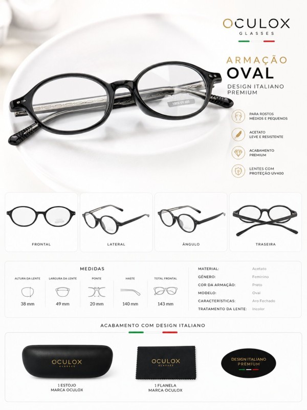 Armação de Óculos Oval RM0747 Preto