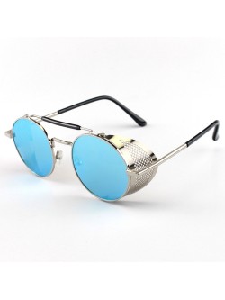Óculos de Sol Redondo Retrô Vintage 66247 Steampunk Prata e Azul