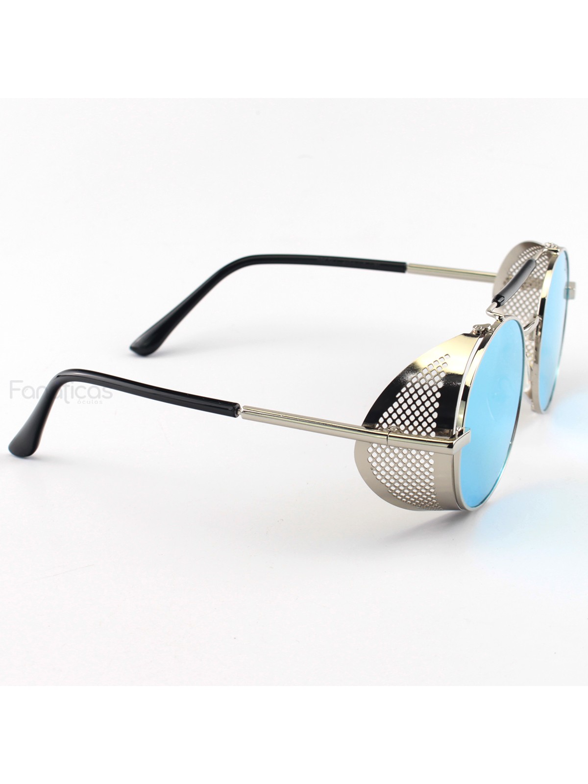 Óculos de Sol Redondo Retrô Vintage 66247 Steampunk Prata e Azul