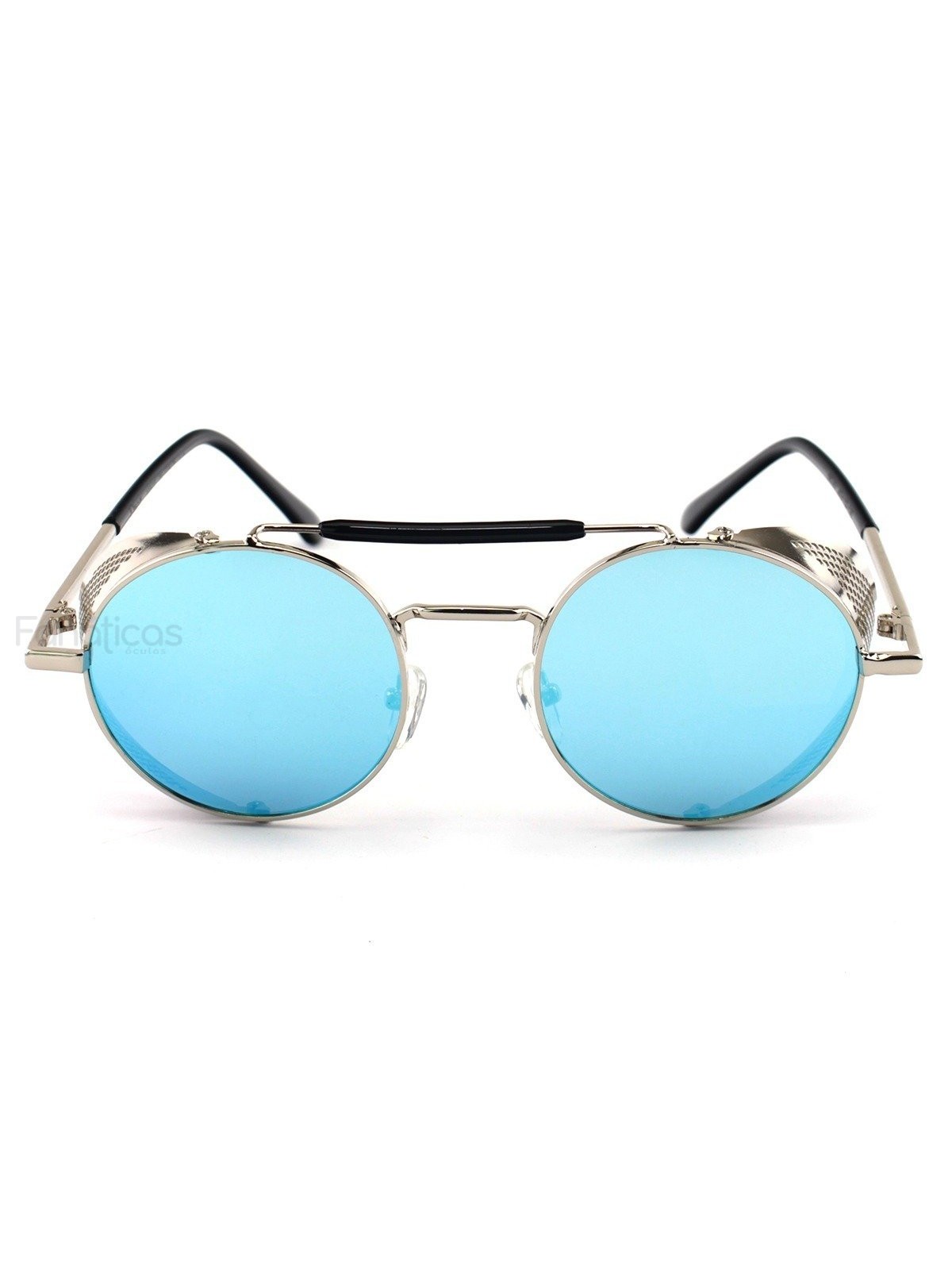 Óculos de Sol Redondo Retrô Vintage 66247 Steampunk Prata e Azul