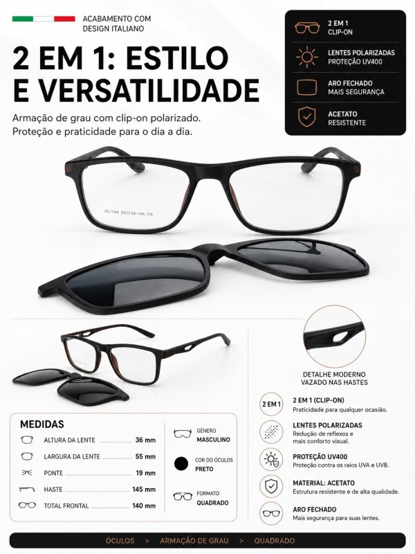 Armação de Óculos Quadrado Clipon JC1194 Marrom