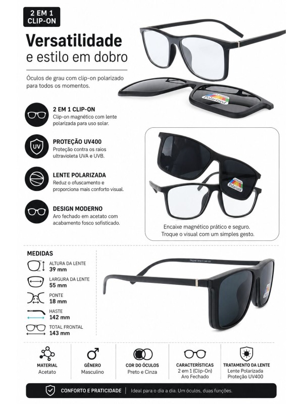 Armação de Óculos Quadrada Clipon TR2299 Preto