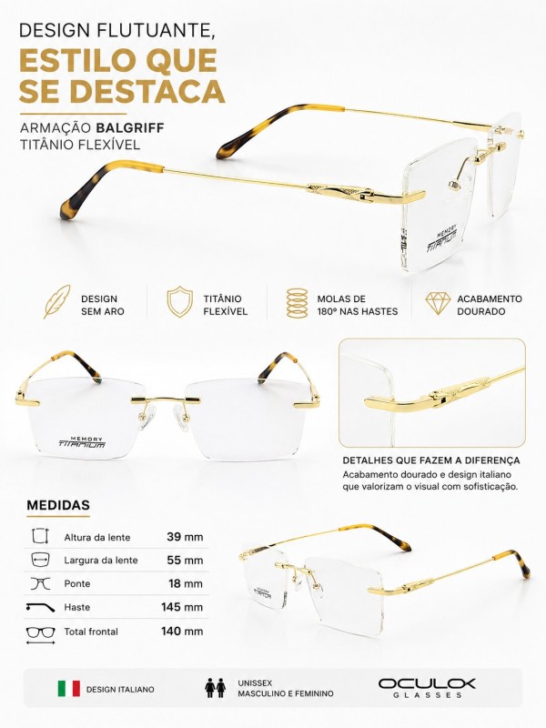 Armação de Óculos Balgriff Bucha Memory Titânio Flexivel Flutuante MT6942 Dourado