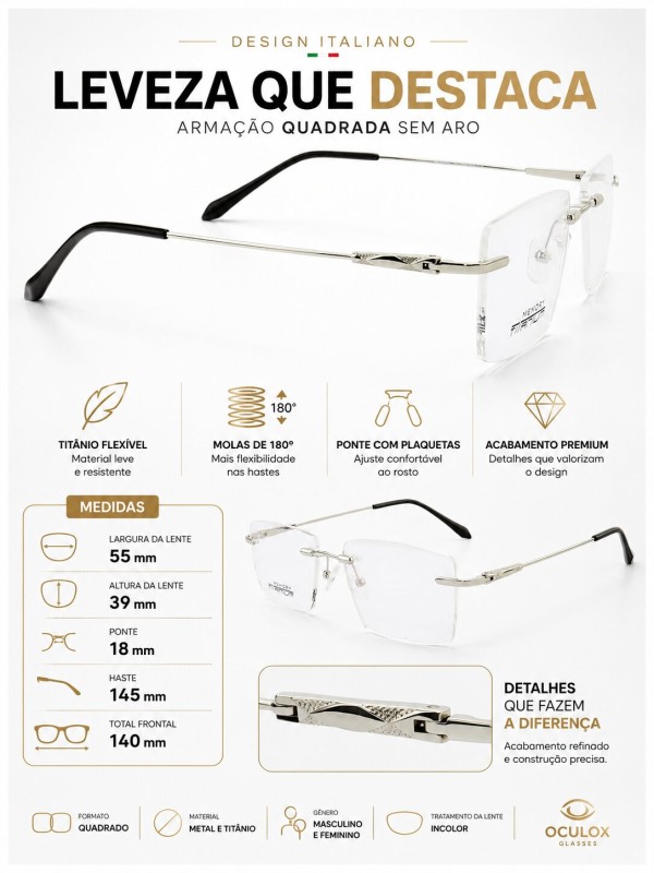 Armação de Óculos Balgriff Bucha Memory Titânio Flexivel Flutuante MT6942 Prata