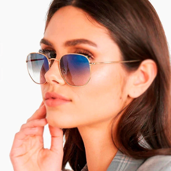 Óculos de Sol Hexagonal Dourado e Lente Azul Degrade