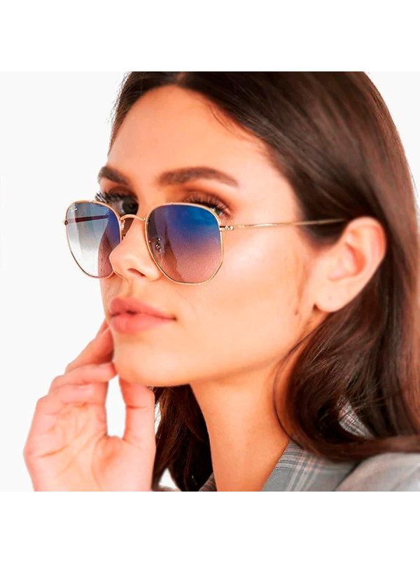 Óculos de Sol Hexagonal Dourado e Lente Azul Degrade