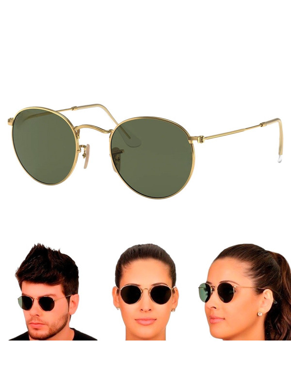 Óculos de Sol Round 3447 Dourado Com Lente Verde Escura G15