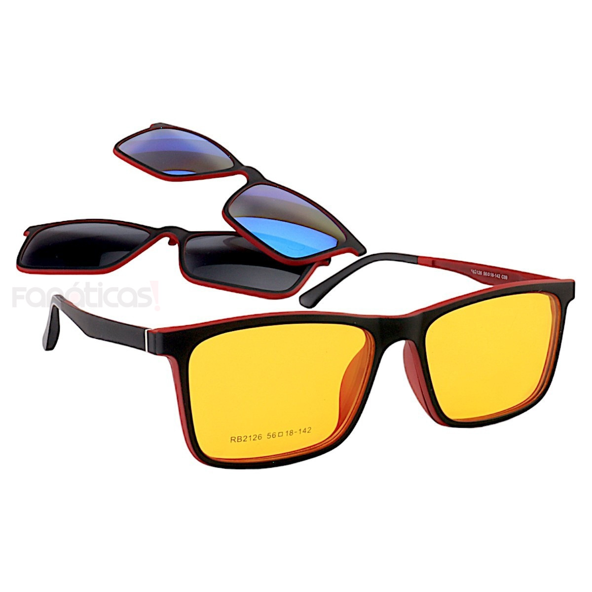 Armação de Óculos Clipon FN2126 3 Lentes Preto e Vermelho