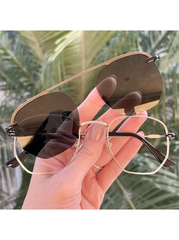 Armacao de Óculos Clipon Hexagonal 6167 Dourado e Marrom