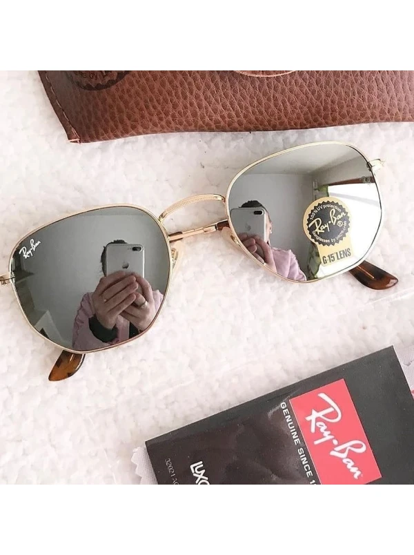 Hexagonal Armação Dourada e Lente Prata RB 3548