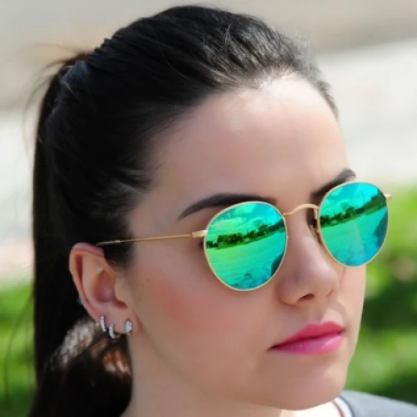 Óculos Round Verde Espelhado Armação Dourada RB3447