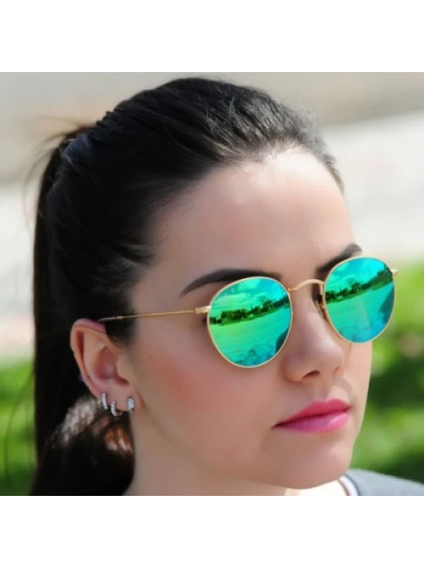 Óculos Round Verde Espelhado Armação Dourada RB3447