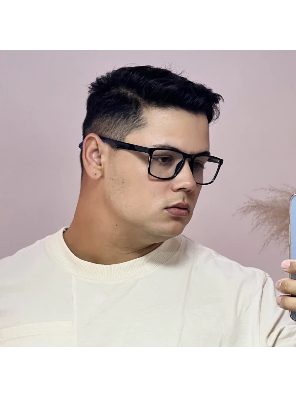 Armação de Óculos 76006 Quadrado Preto Brilho e Azul