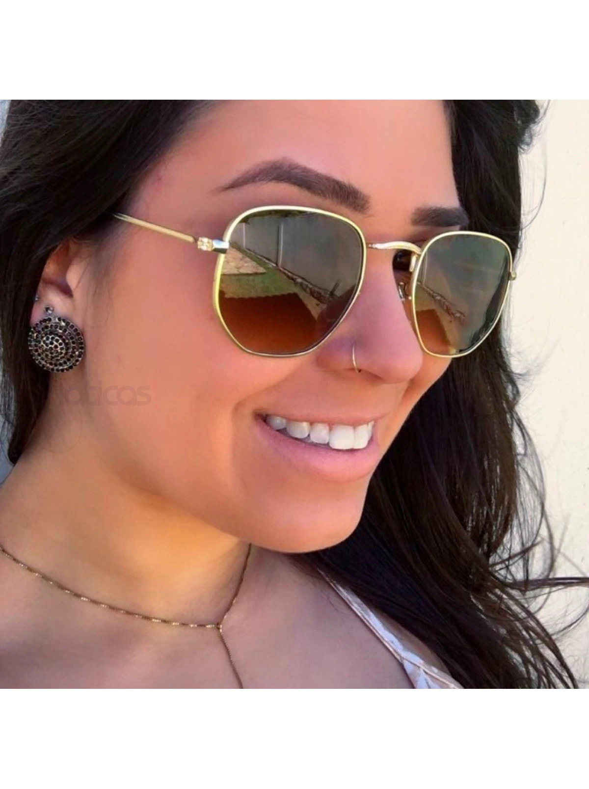 Óculos de Sol Hexagonal Armação Dourada e Lente Marrom