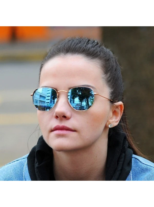 Hexagonal Armação Dourada e Lente Azul Espelhada RB 3548