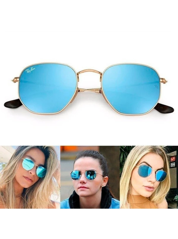 Hexagonal Armação Dourada e Lente Azul Espelhada RB 3548