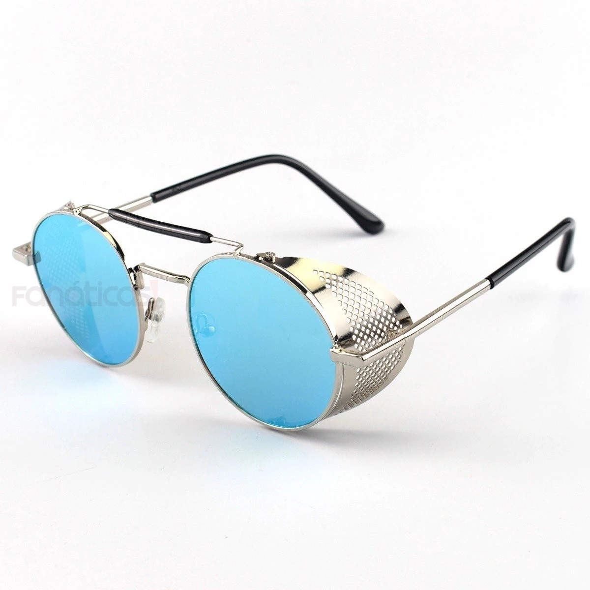 Óculos de Sol Redondo Retrô Vintage 66247 Steampunk Prata e Azul