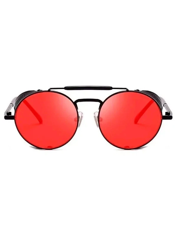 Óculos de Sol Redondo Retrô Vintage 66247 Steampunk Preto e Vermelho