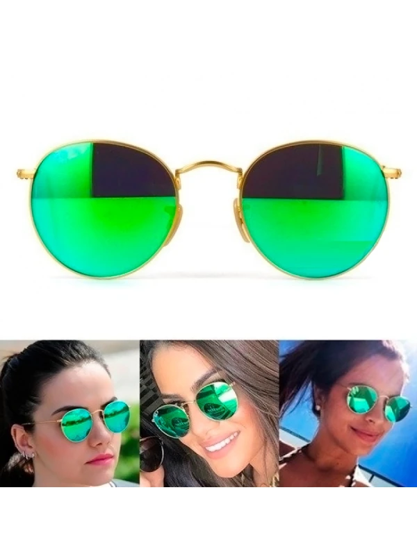 Óculos Round Verde Espelhado Armação Dourada RB3447