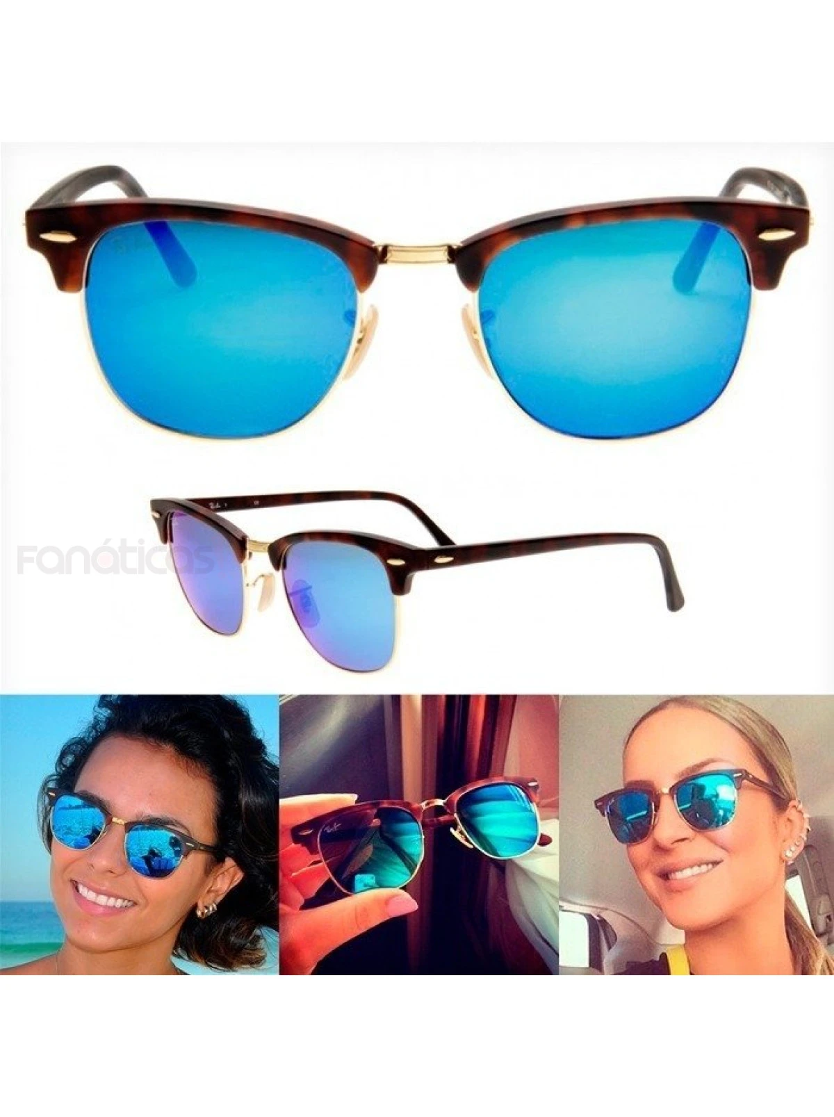 Óculos de Sol Clubmaster Tartaruga Azul Espelhado RB3016