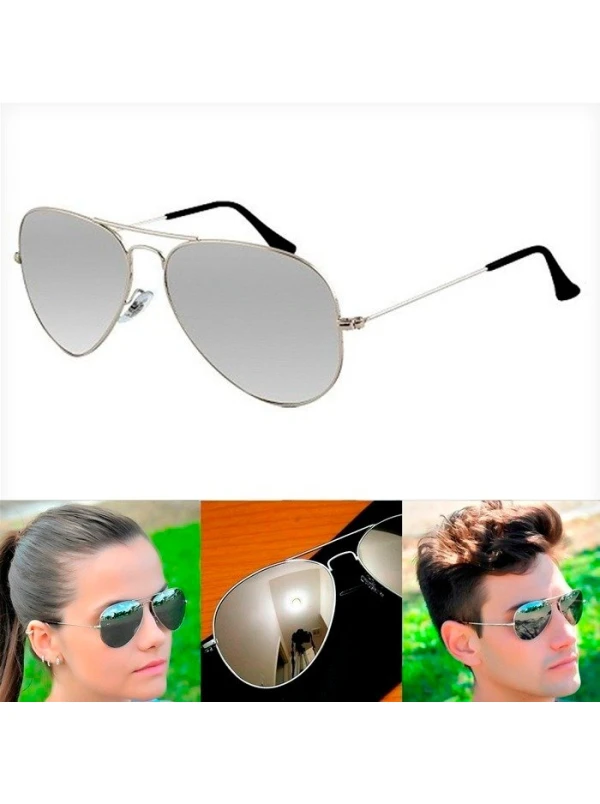 Óculos de Sol Aviador Cinza Espelhado com Armação Prateada