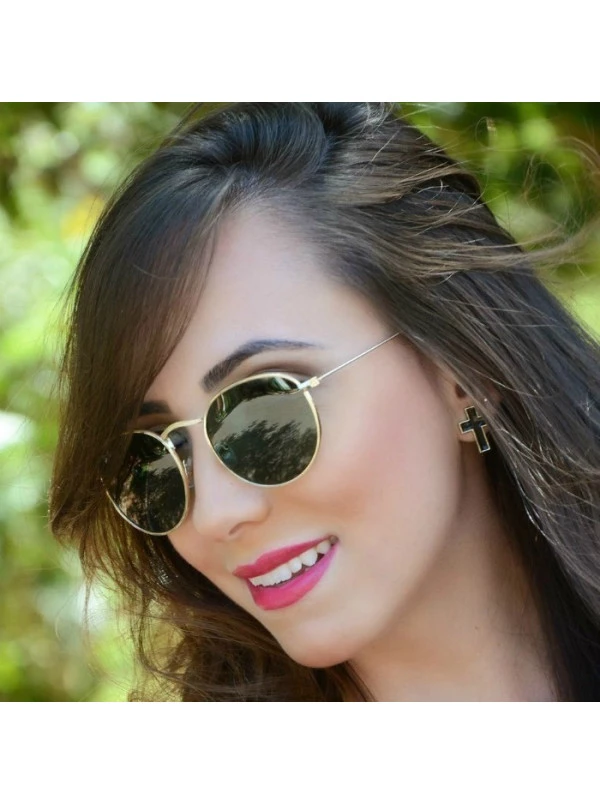 Óculos de Sol Round 3447 Dourado Com Lente Verde Escura G15
