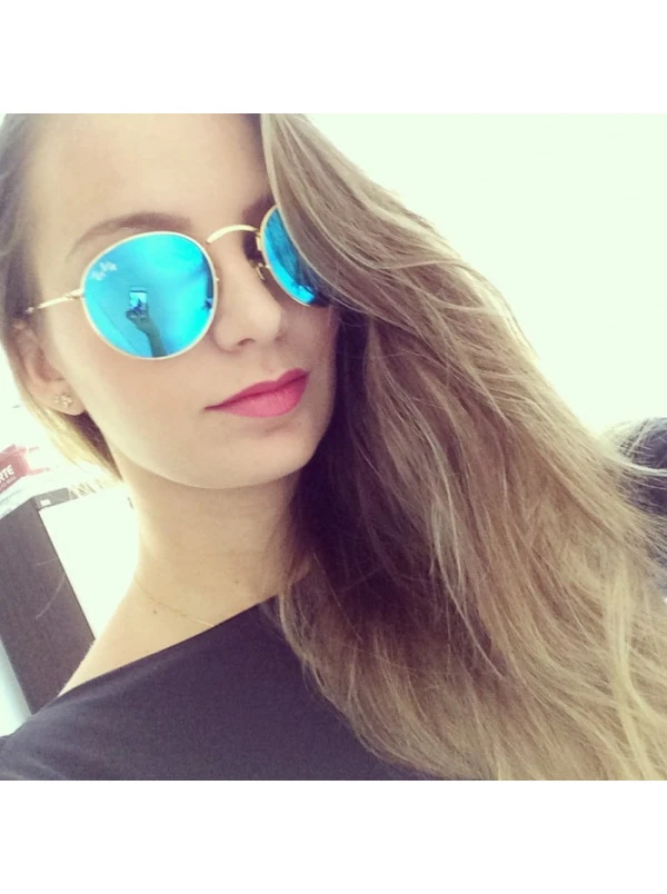 Óculos de Sol Round Azul Espelhado Armação Dourada RB3447