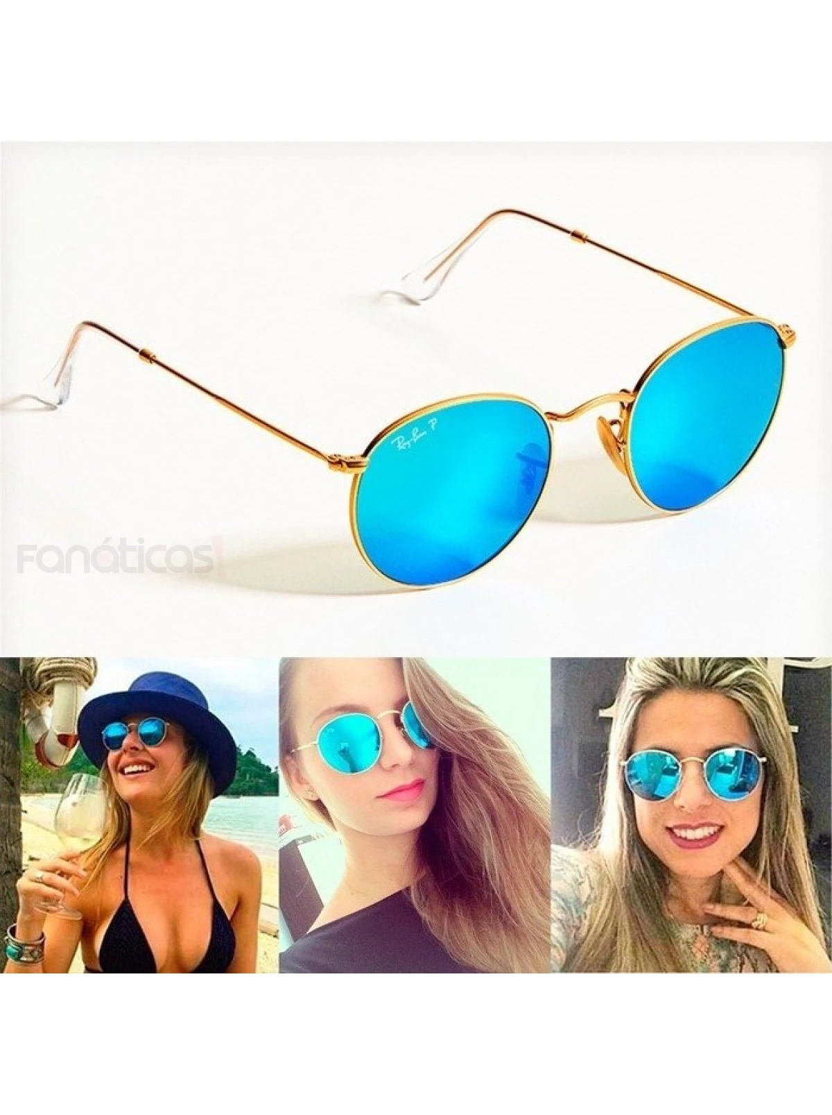 Óculos de Sol Round Azul Espelhado Armação Dourada RB3447