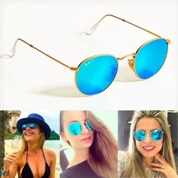 Óculos de Sol Round Azul Espelhado Armação Dourada RB3447