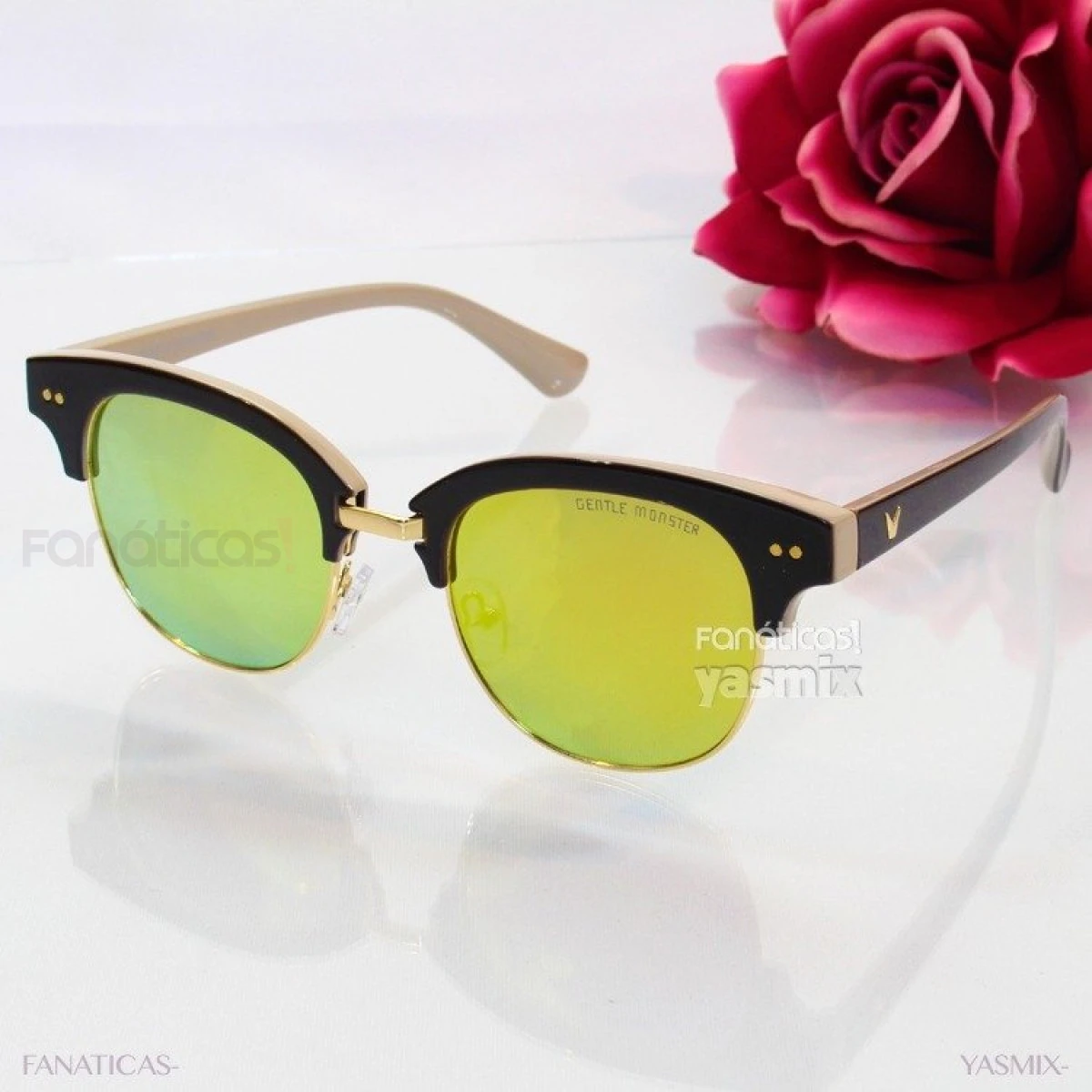 Óculos Gentle Monster Preto, Creme e Lente Dourada 