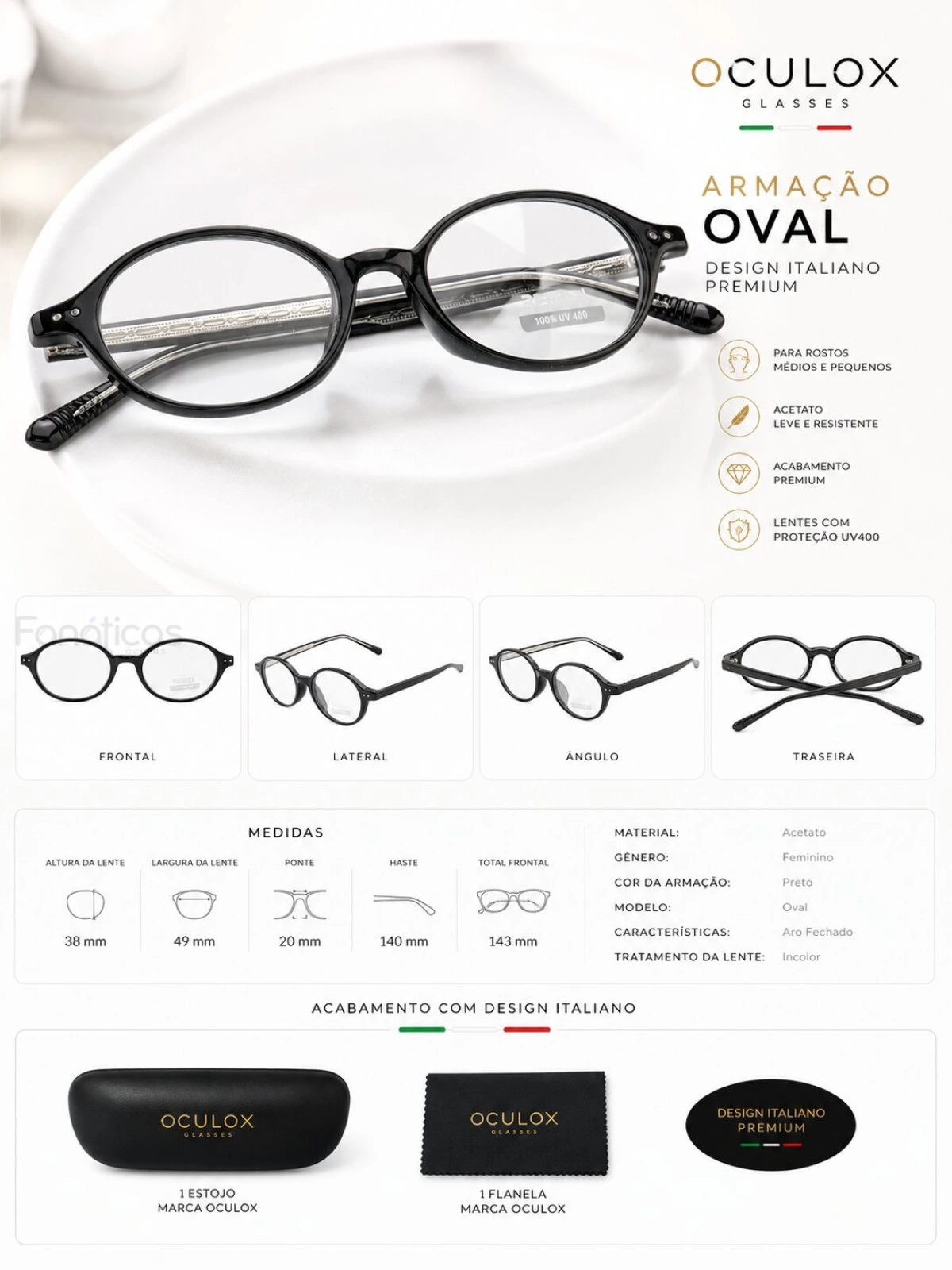 Armação de Óculos Oval RM0747 Preto