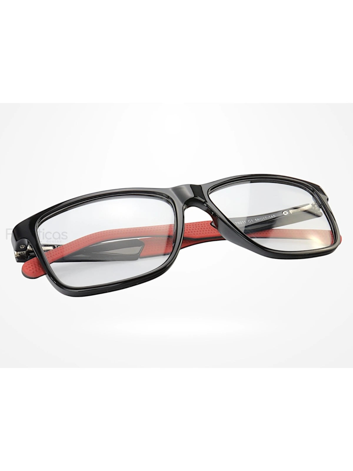 Armação de Óculos 76011 Quadrado Preto Brilho e Vermelho