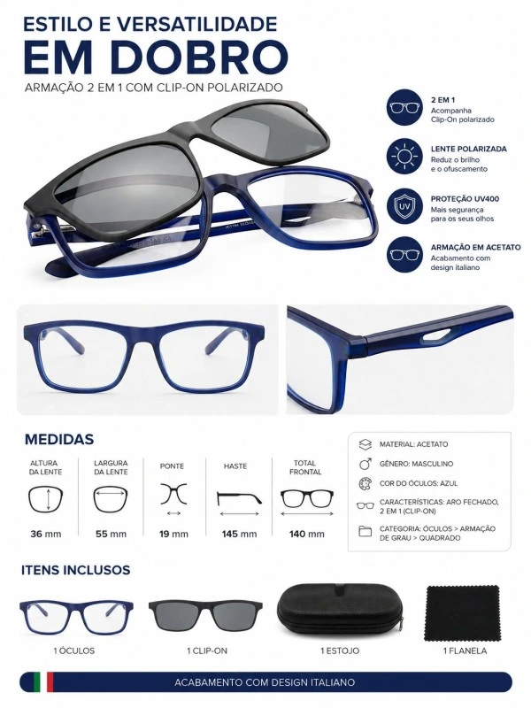 Armação de Óculos Quadrado Clipon 2 em 1 JC1194 Azul