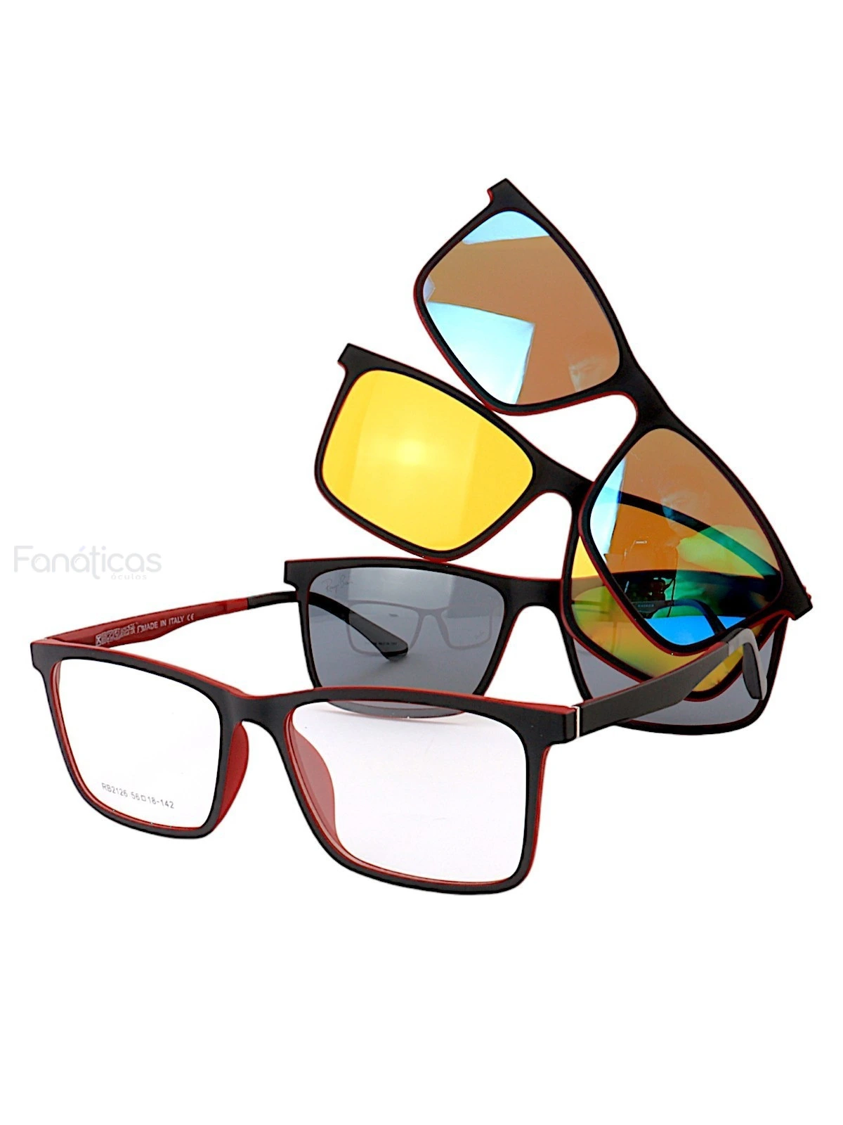 Armação de Óculos Clipon FN2126 3 Lentes Preto e Vermelho