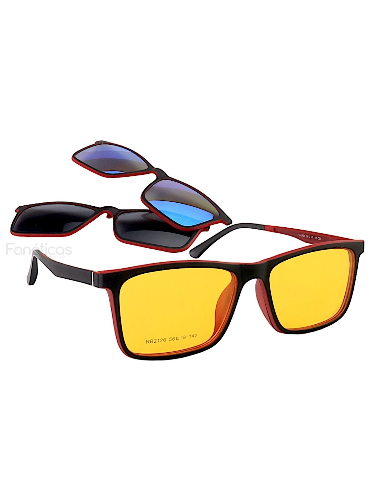 Armação de Óculos Clipon FN2126 3 Lentes Preto e Vermelho