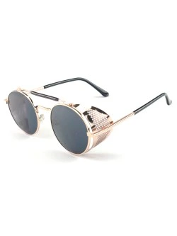 Óculos de Sol Redondo Retrô Vintage 66247 Steampunk Dourado