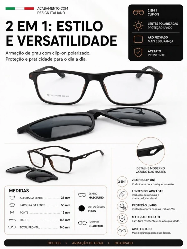 Armação de Óculos Quadrado Clipon JC1194 Marrom