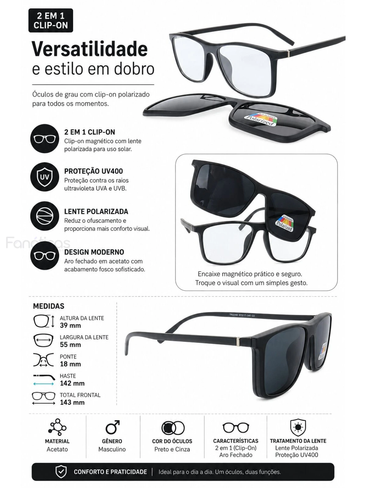 Armação de Óculos Quadrada Clipon TR2299 Preto