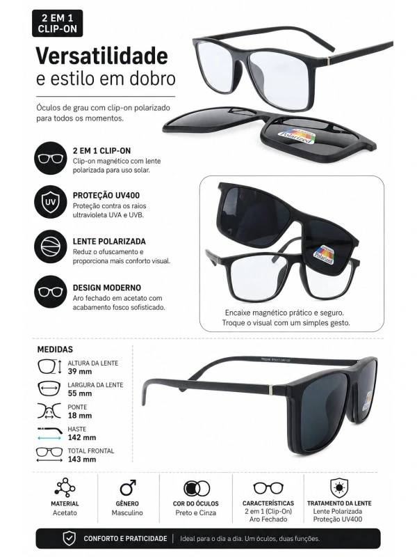 Armação de Óculos Quadrada Clipon TR2299 Preto