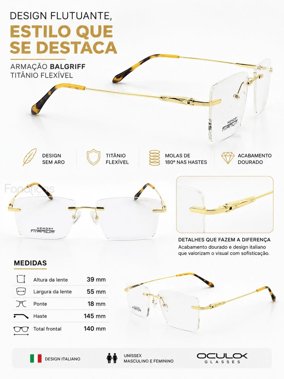 Armação de Óculos Balgriff Bucha Memory Titânio Flexivel Flutuante MT6942 Dourado